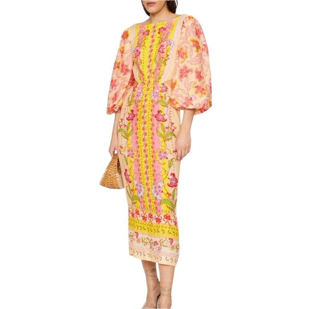 SALONI Neelam Puff-Sleeve Cutout Floral Linen Midi Dress Size US 10